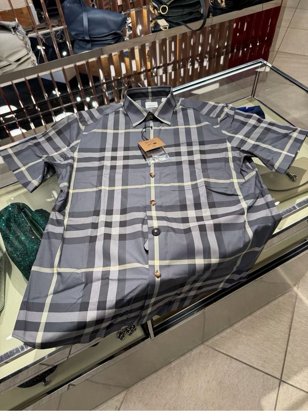 Burberry Gray Plaid Short-Sleeve Button-Down Shirt